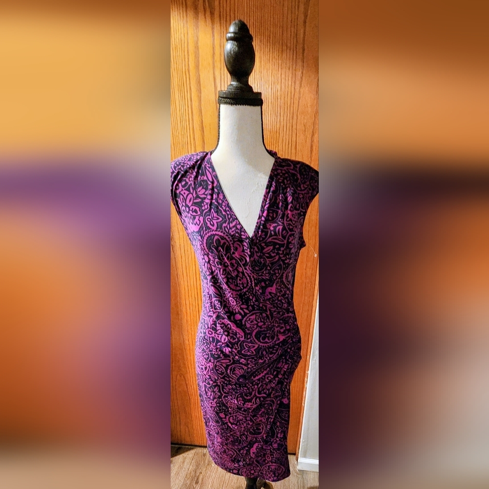 ChapsPurple Paisley Wrap-Style Cap Sleeve Women's Dress M